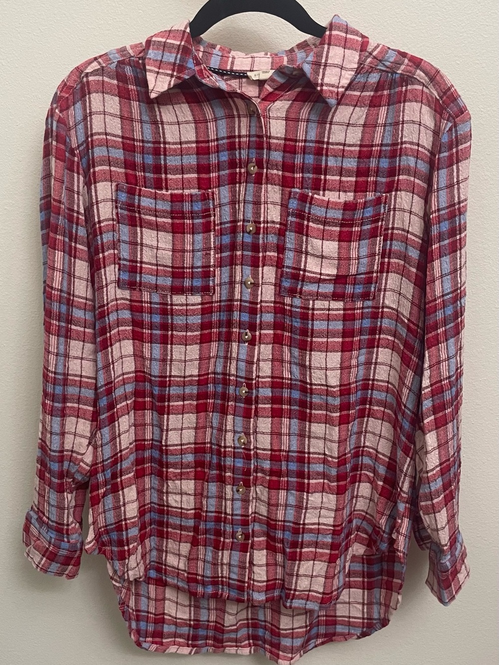 Pilcro by Anthropologie Oversized Red, Blue, Pink Plaid Button-Down Shirt